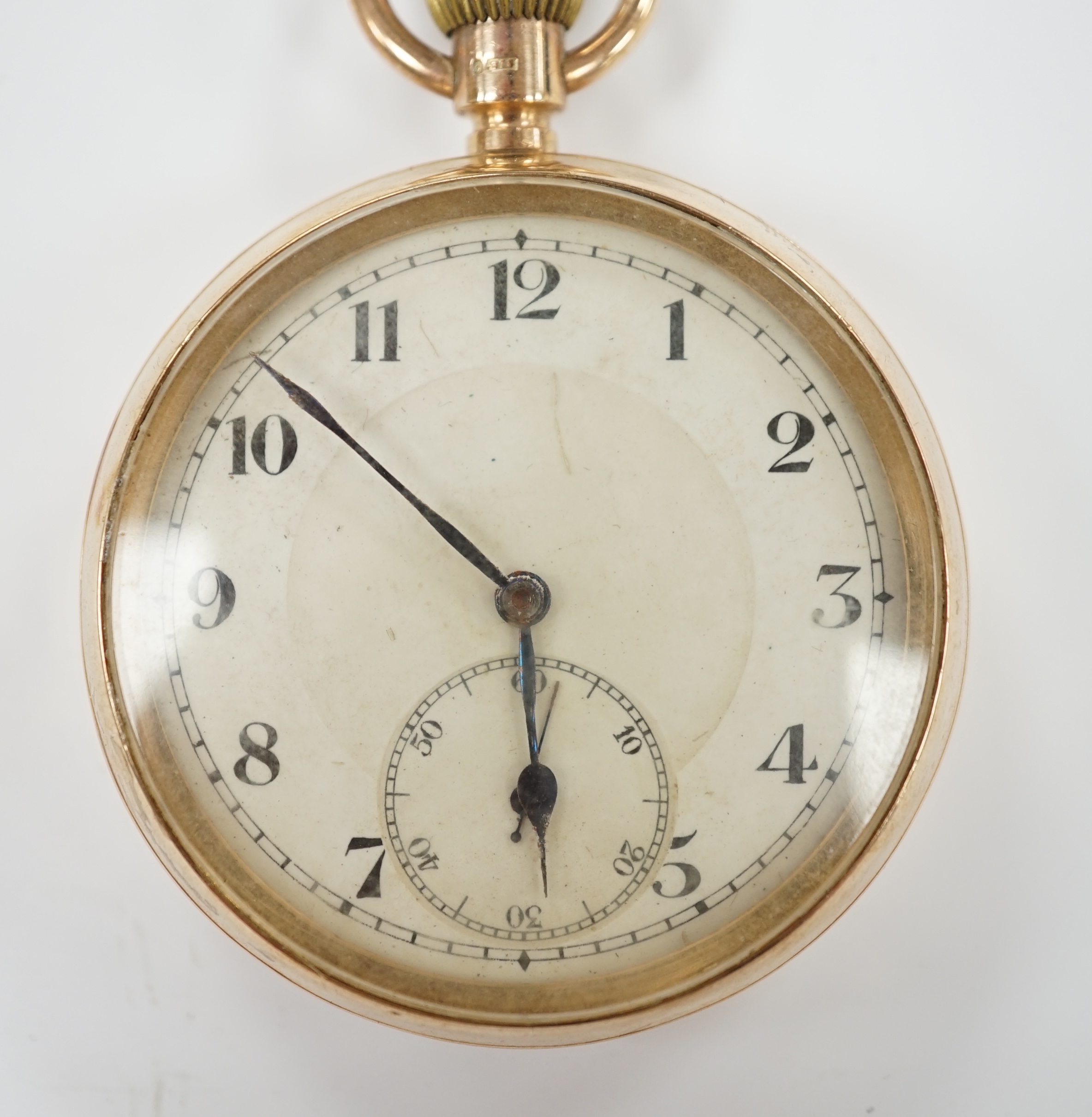 A George V 9ct gold open face keyless pocket watch, with Arabic dial and subsidiary seconds, case diameter 48mm, gross 80.1 grams.